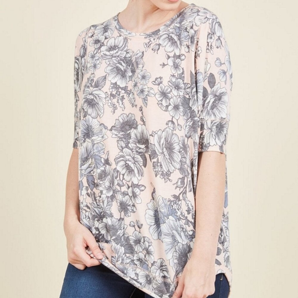Modcloth Sweatshirt SIZE Large Relaxed Fit Peach Grey Floral Lightweight Fall